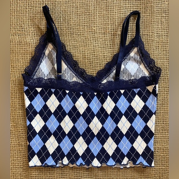 H&M Divided Blue Argyle Cropped Tank Top, Sz XS, Lace Trim, Adjustable Straps, - Picture 4 of 6